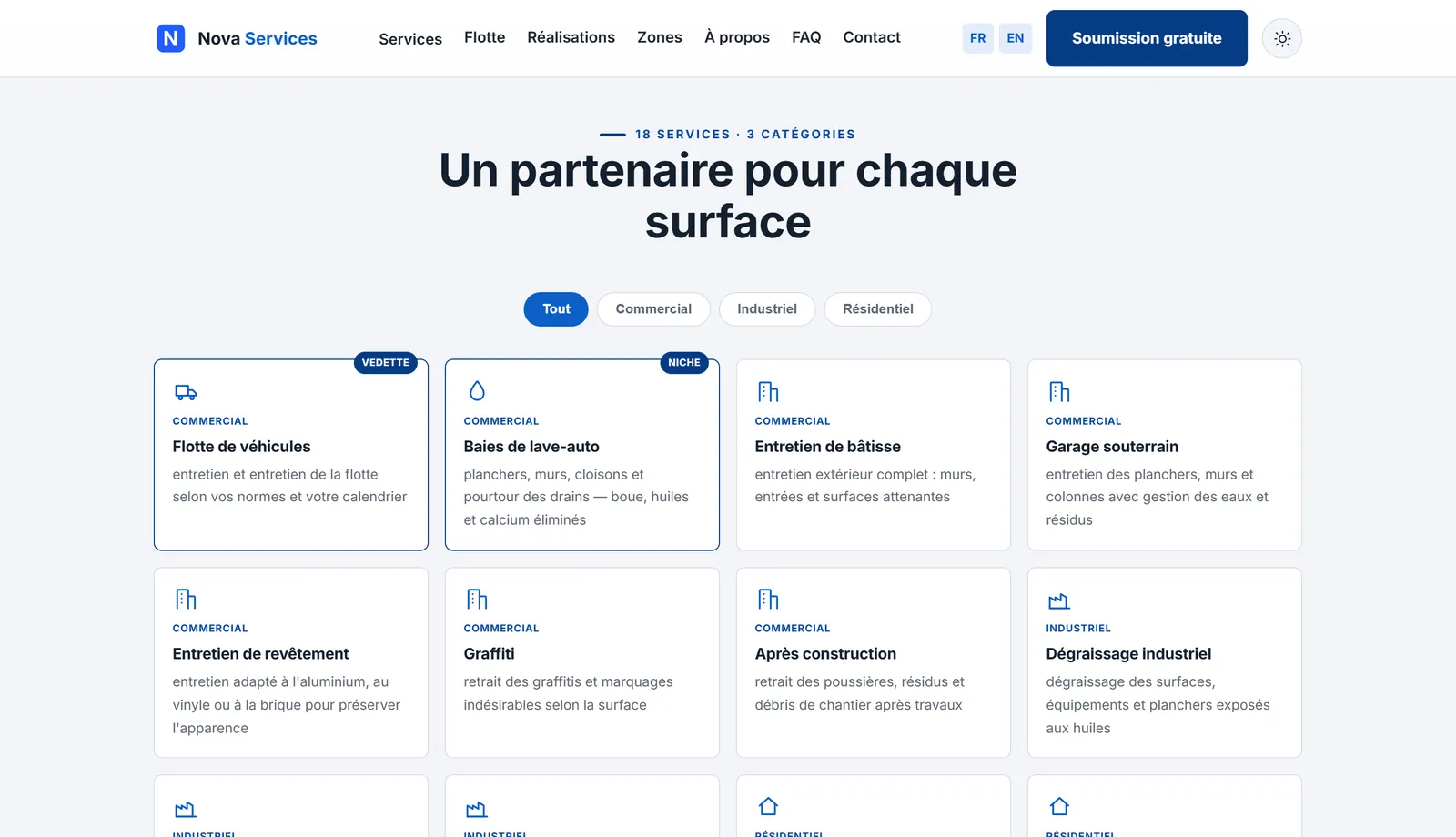 Catalogue de services filtrable par catégorie